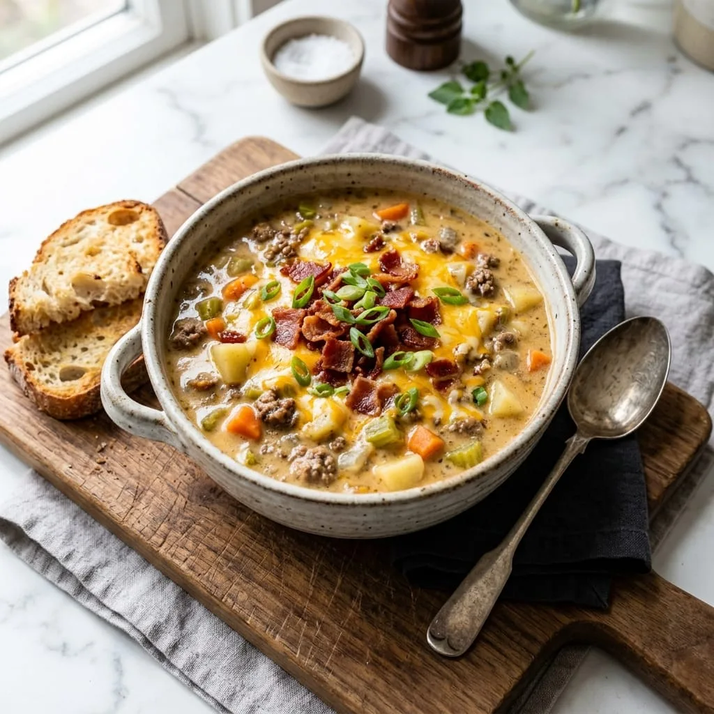 Cheeseburger soup served in bowl with melted cheddar and crispy bacon
