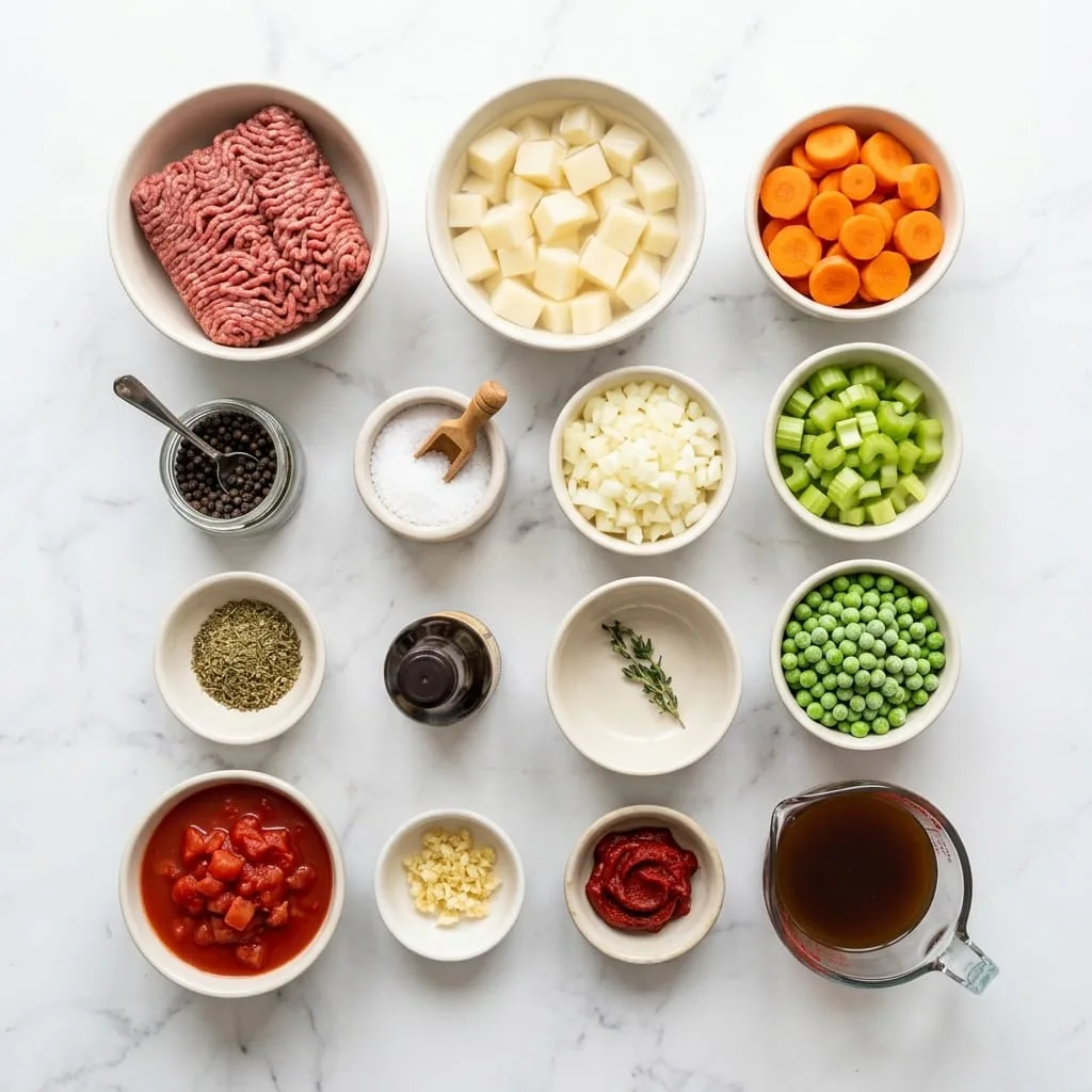 Hamburger soup ingredients laid out on white marble countertop
