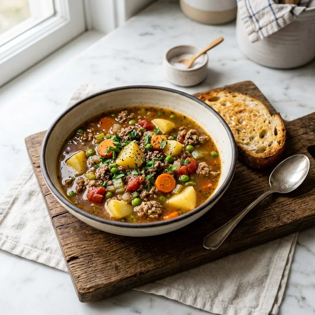Hearty Hamburger Soup served in rustic ceramic bowl with toasted sourdough bread