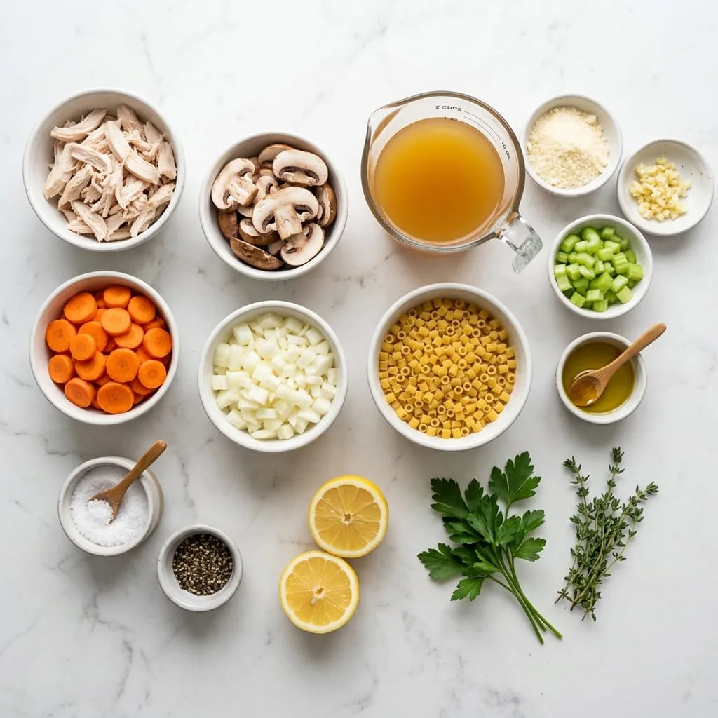 Italian penicillin soup ingredients laid out on white marble countertop