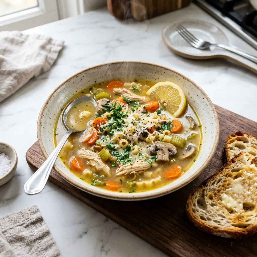 Hearty Italian Penicillin Soup served in ceramic bowl with lemon wedge and crusty bread