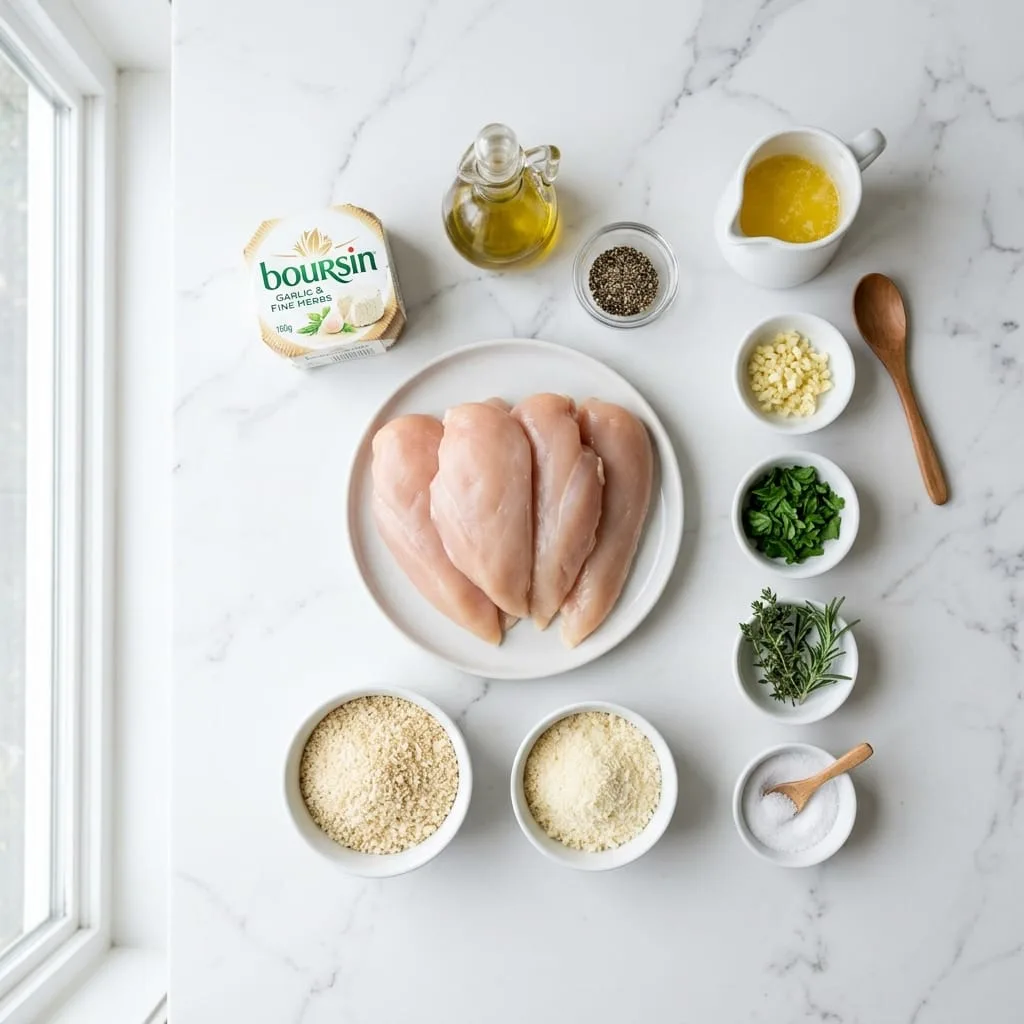 Herb crusted boursin chicken ingredients laid out on white marble countertop