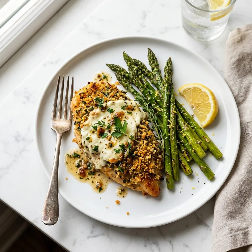 Plated Herb Crusted Boursin Chicken breast with roasted asparagus and lemon