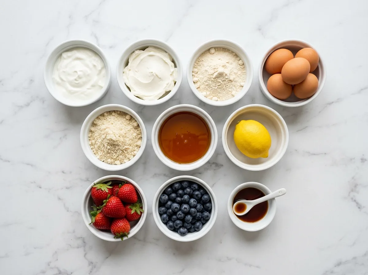 High Protein Cheesecake ingredients laid out on white marble counter