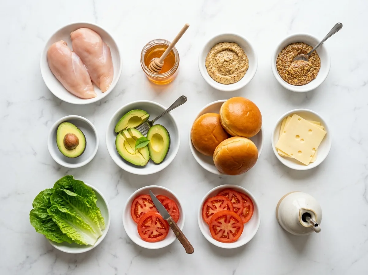 Honey Mustard Chicken Avocado Sandwich ingredients laid out on white marble counter