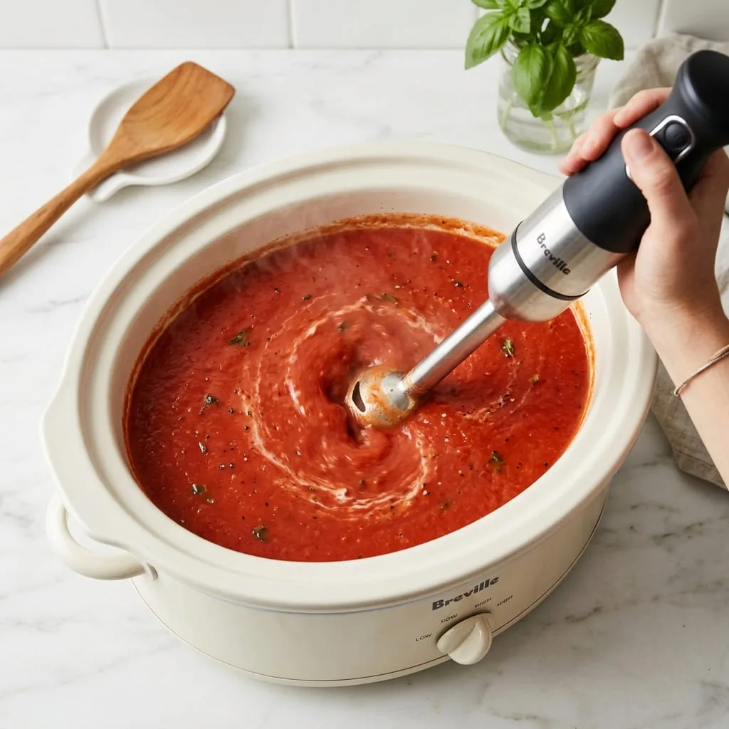 Immersion blending slow cooker tomato soup into smooth velvety texture