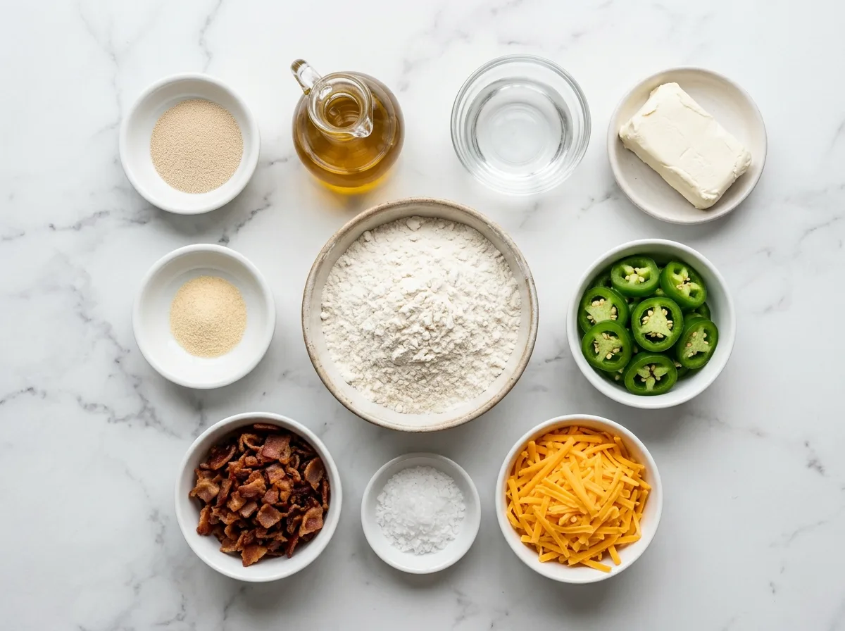 Jalapeno Popper Focaccia ingredients laid out on white marble counter
