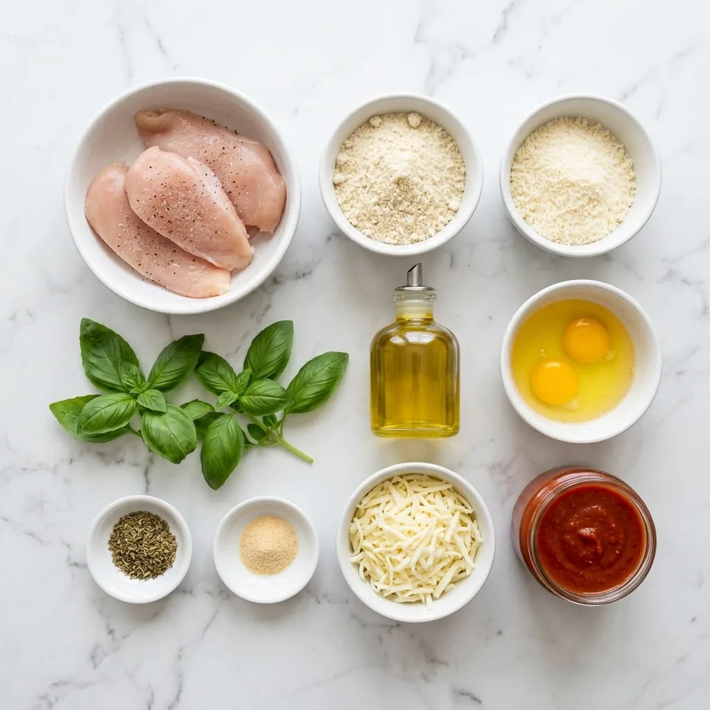 Keto chicken parmesan ingredients laid out on white marble countertop