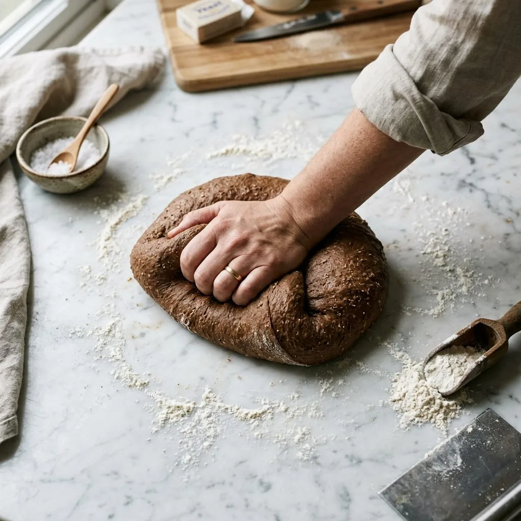 Kneading smooth honey wheat cocoa bread dough on lightly floured counter