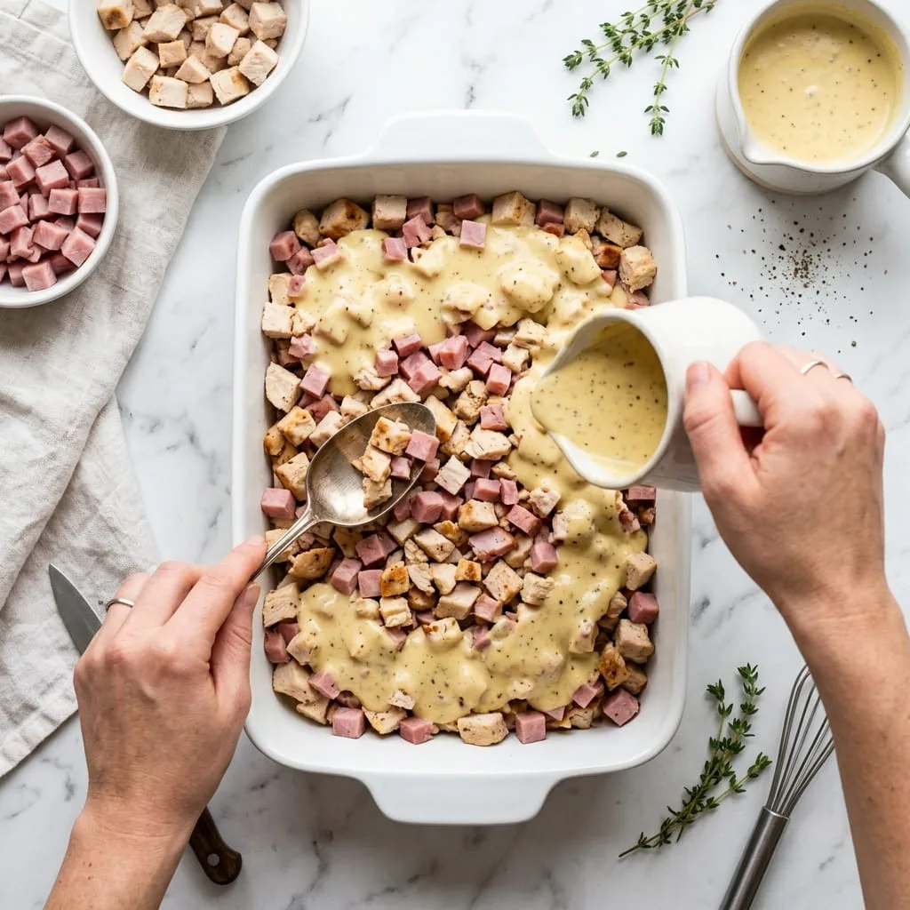Layering chicken and ham and pouring creamy Dijon sauce