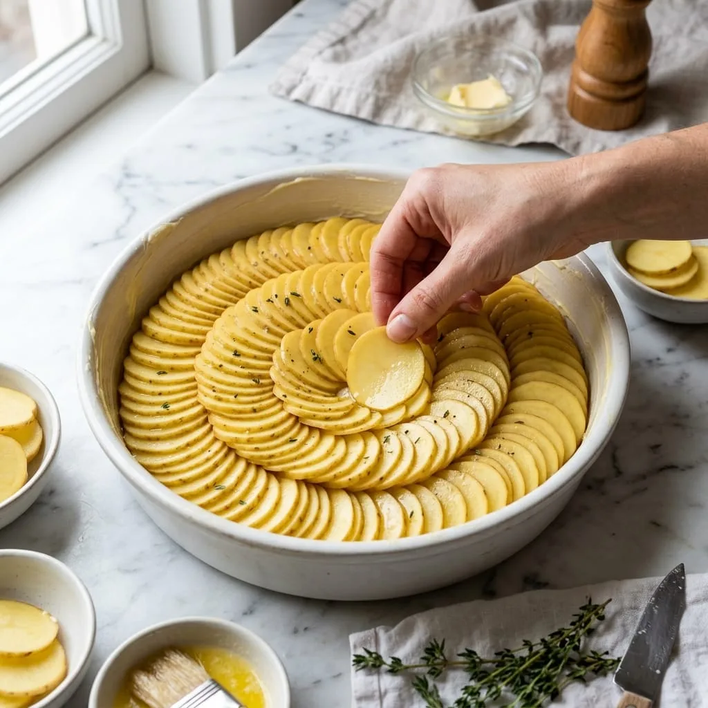 Layering thinly sliced Yukon Gold potatoes in buttered white baking dish