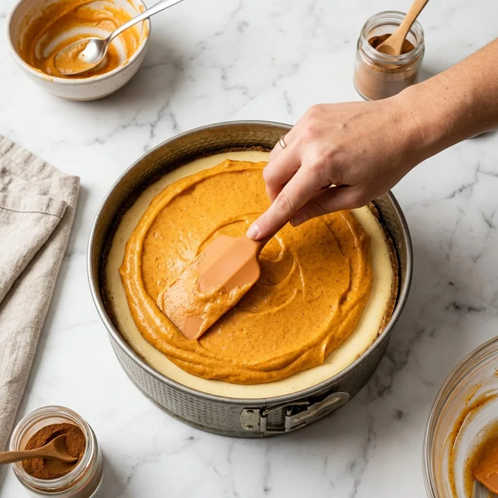 Smoothing spiced sweet potato cheesecake batter over vanilla cream cheese layer