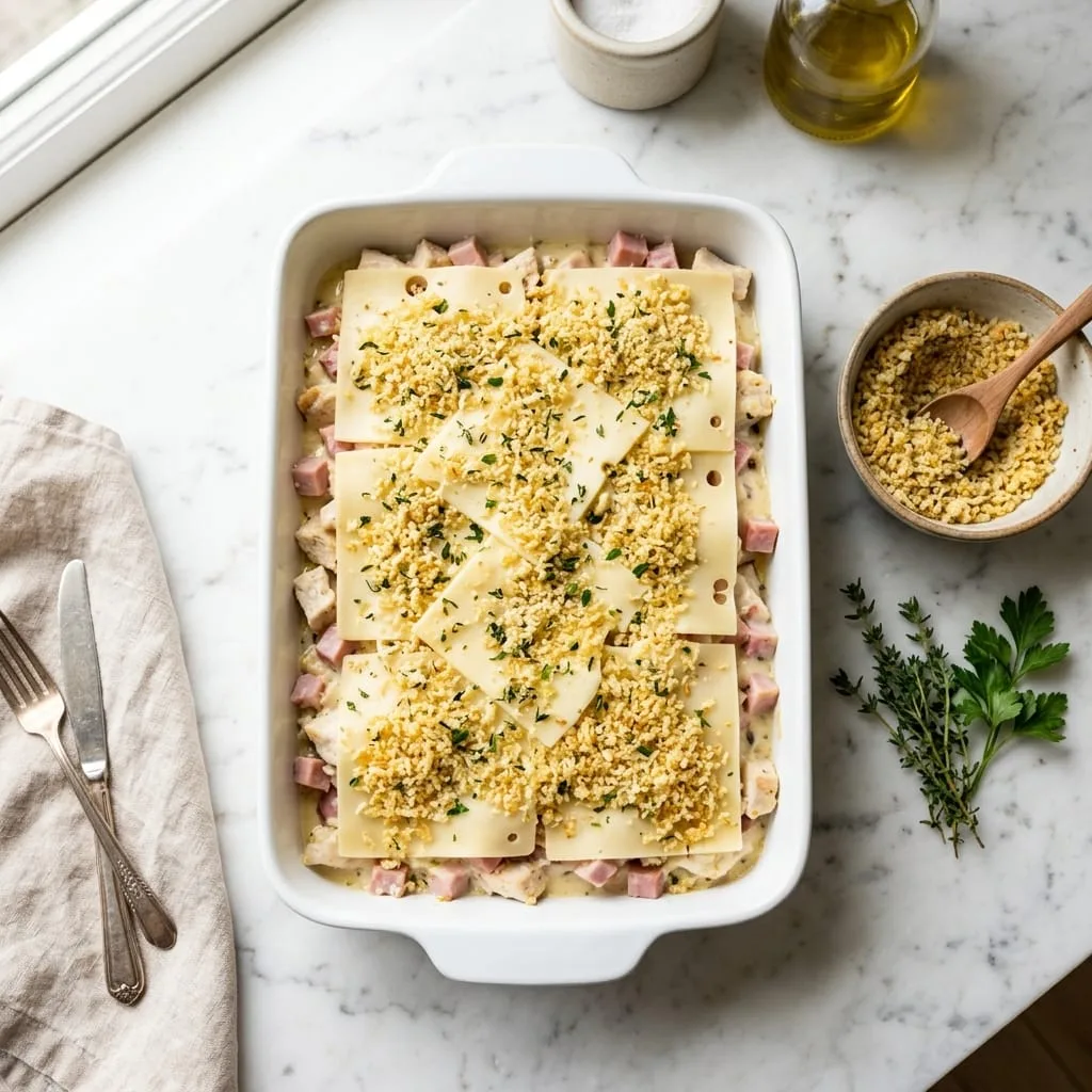 Layering Swiss cheese slices and buttered panko breadcrumbs on casserole
