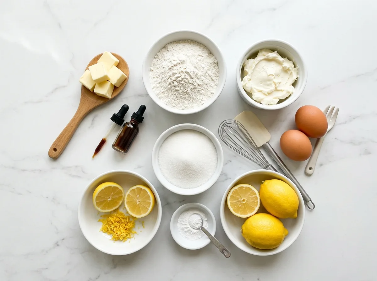 Lemon Cream Cheese Muffins ingredients laid out on white marble counter