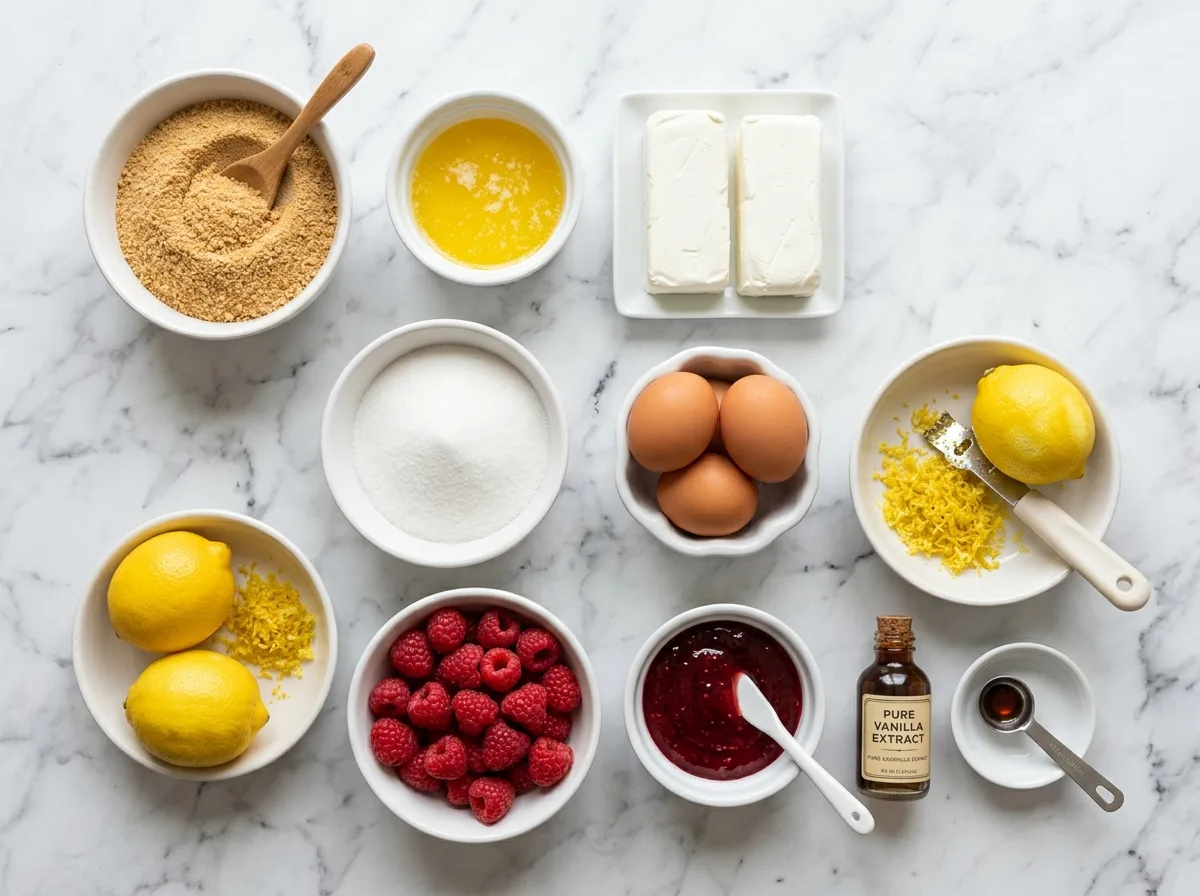 Lemon Raspberry Cheesecake Bars ingredients laid out on white marble counter