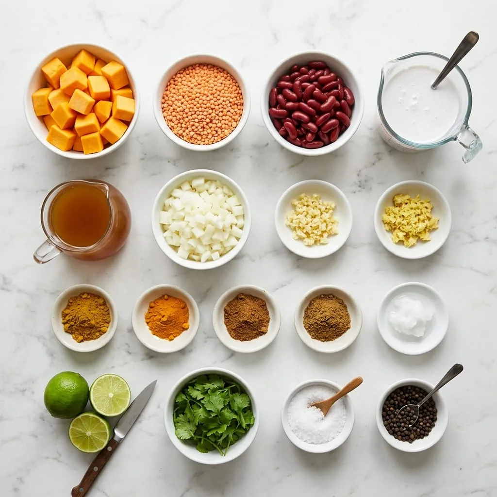 Lentil pumpkin curry ingredients laid out on white marble countertop