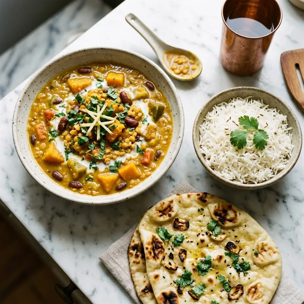 Creamy Lentil Pumpkin Curry served in bowl with basmati rice, garlic naan, and cilantro