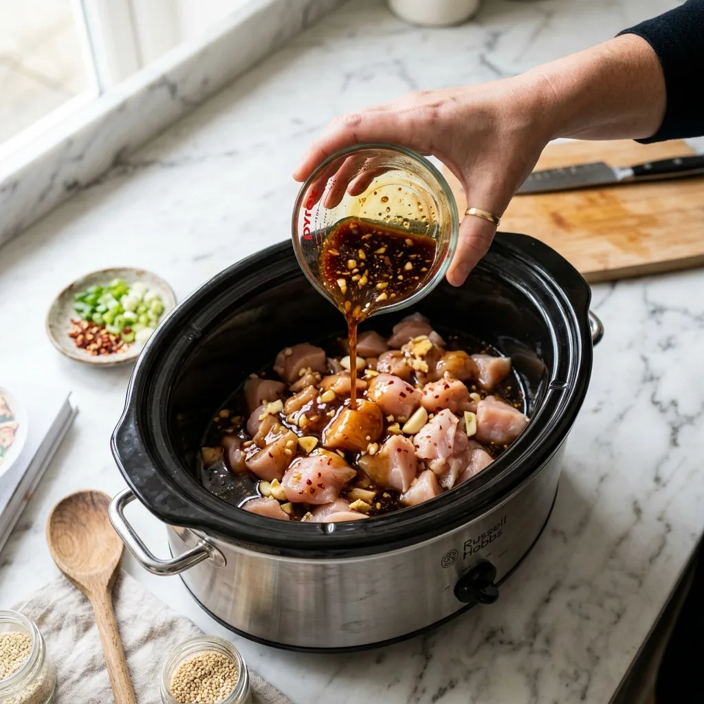 Pouring honey garlic soy sauce over chicken in slow cooker