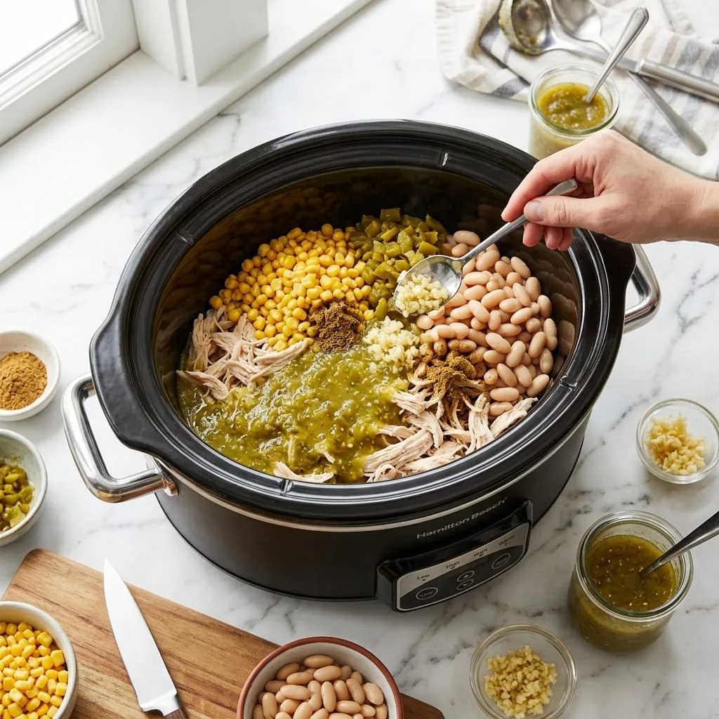 Adding chicken, green chiles, corn, and beans to slow cooker