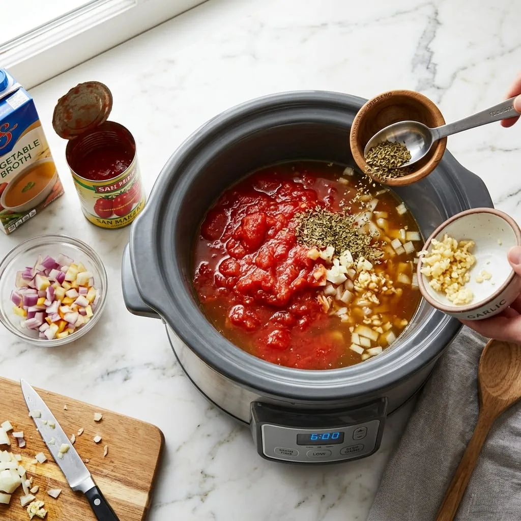 Adding crushed tomatoes, onions, garlic, and herbs to slow cooker