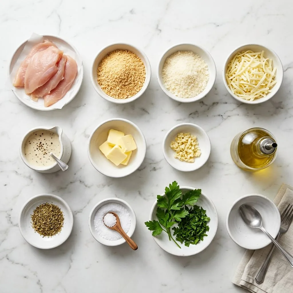 Longhorn parmesan crusted chicken ingredients laid out on white marble countertop