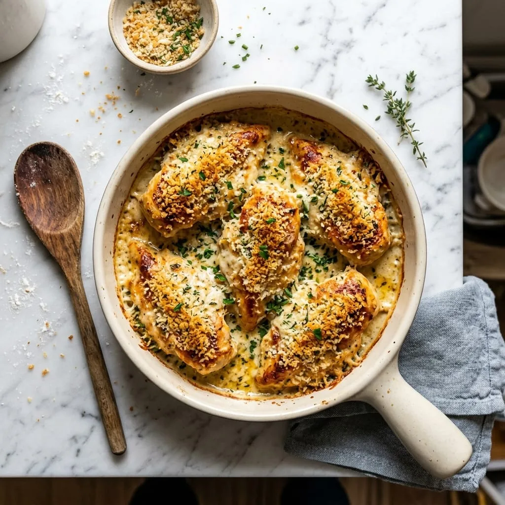 Layering ranch sauce, provolone cheese, and buttered panko crust on chicken