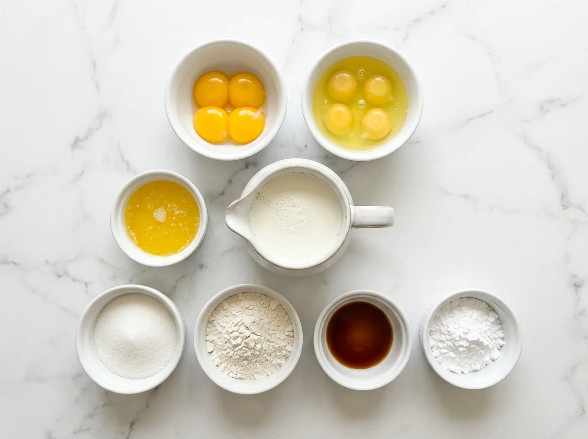 Magic Custard Cake ingredients laid out on white marble counter