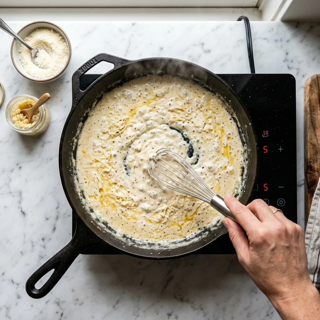Whisking ranch cream sauce in skillet