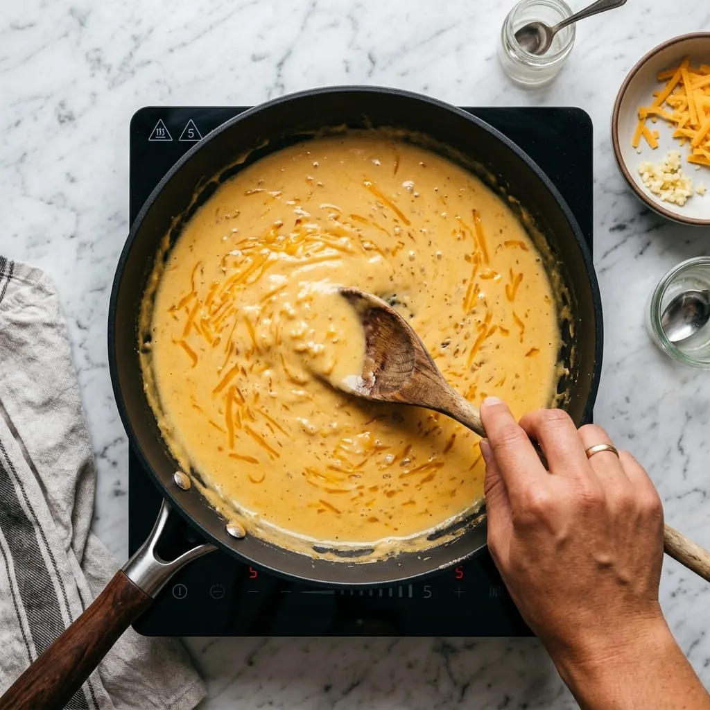 Stirring heavy cream and cheddar into velvety cheese sauce