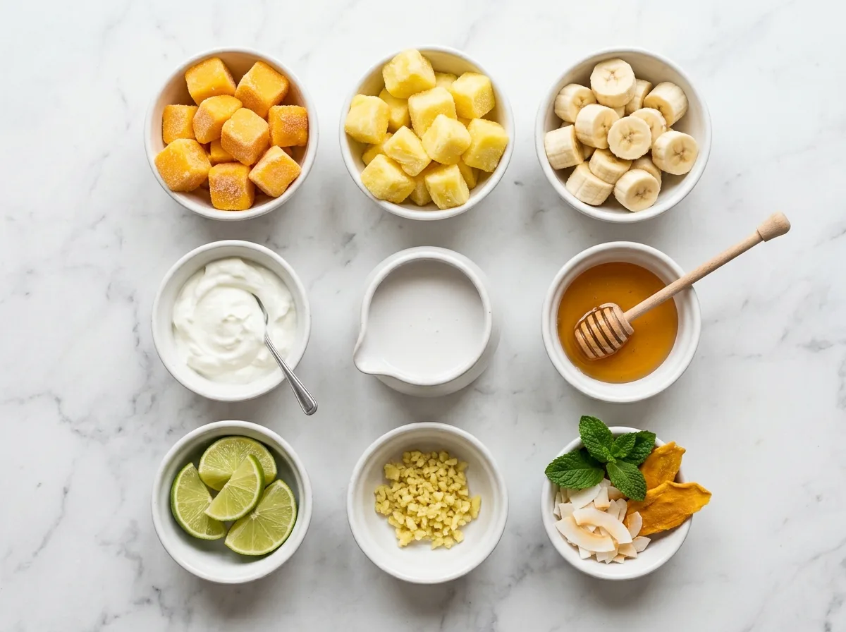 Mango Pineapple Smoothie ingredients laid out on white marble counter