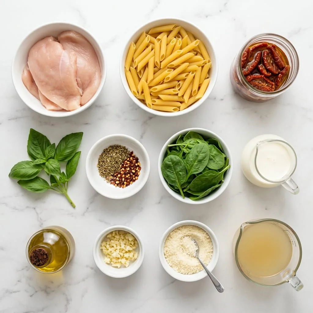 Marry me chicken pasta ingredients laid out in bowls on marble counter