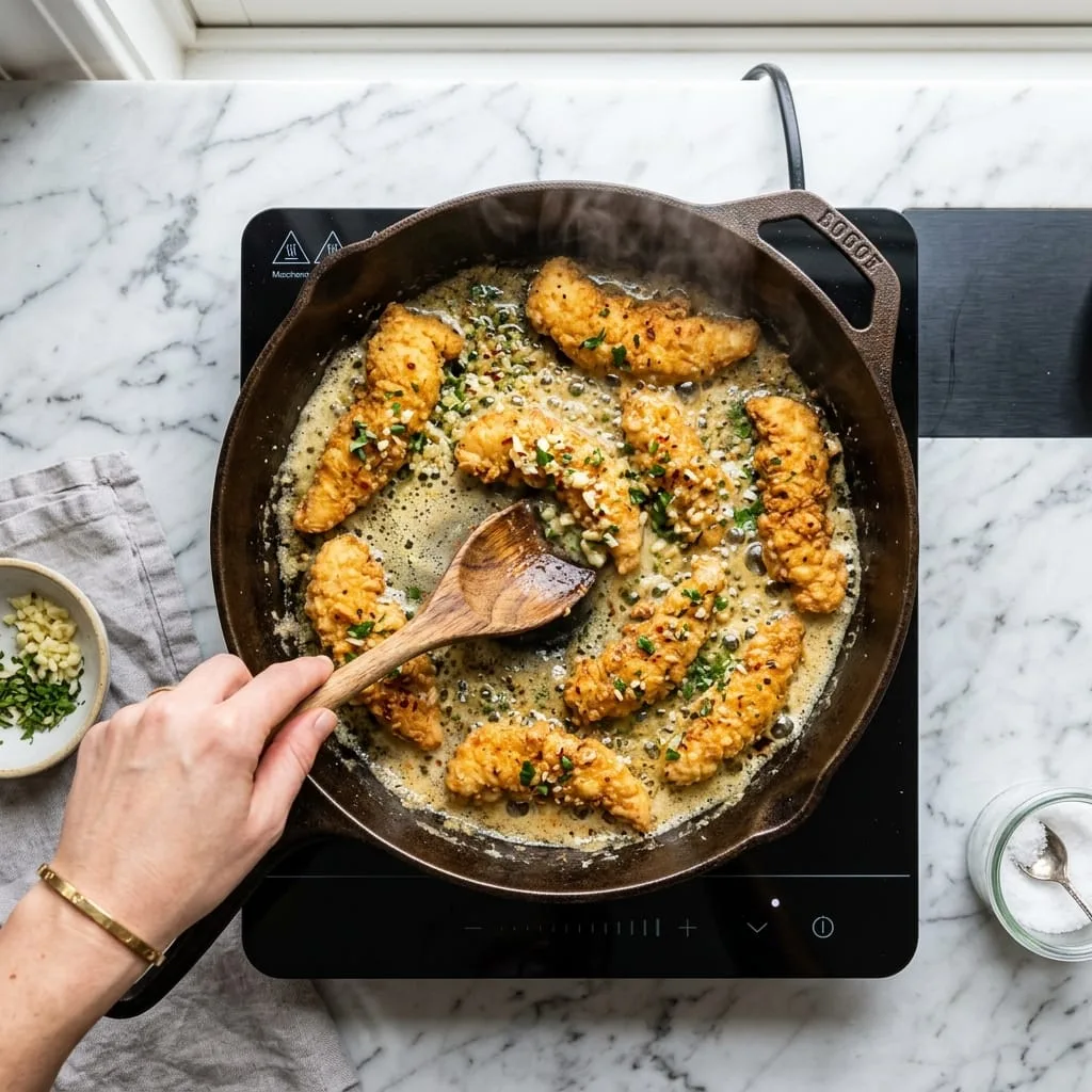 Melting butter and minced garlic into frothy golden sauce in skillet