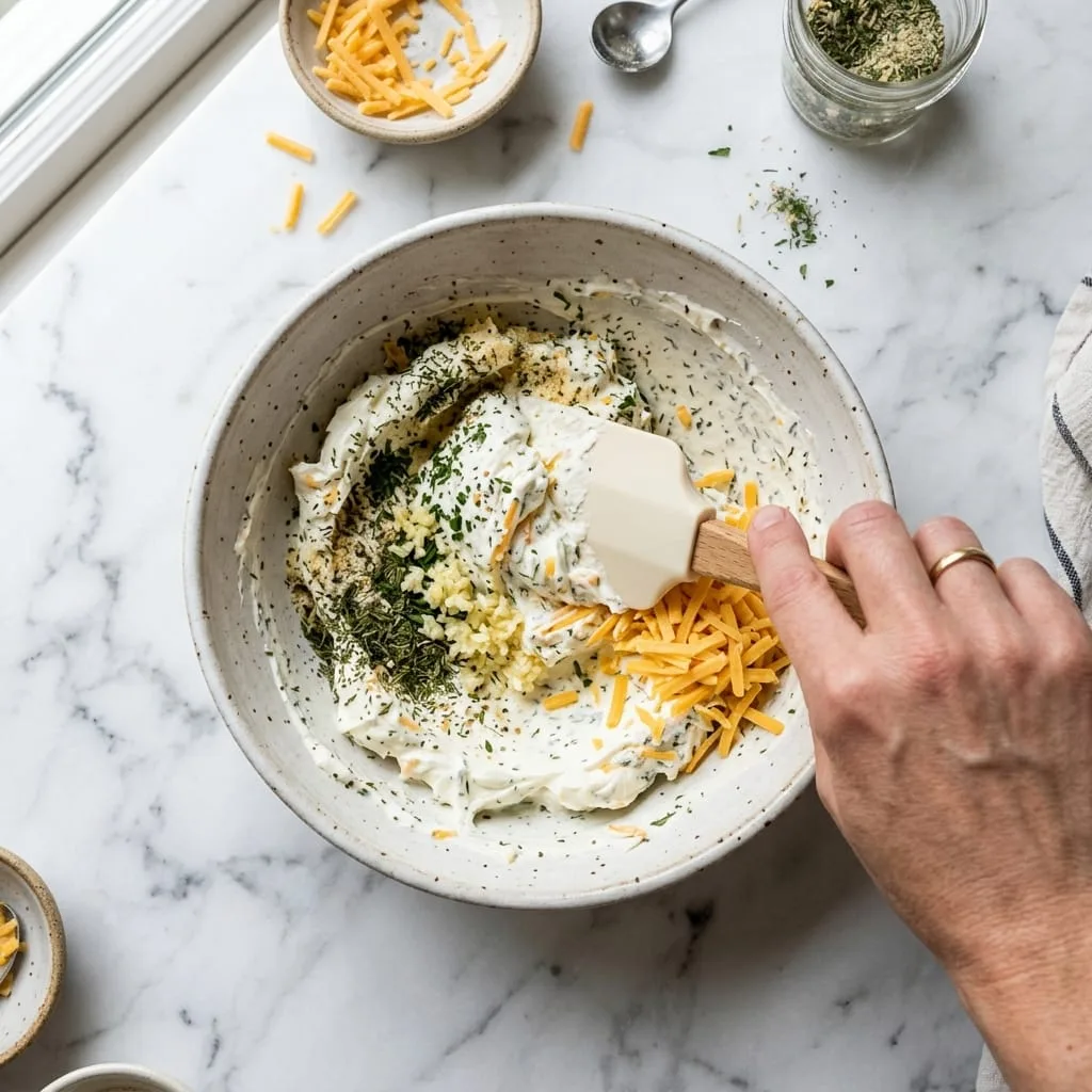 Mixing softened cream cheese, ranch seasoning, and garlic in bowl