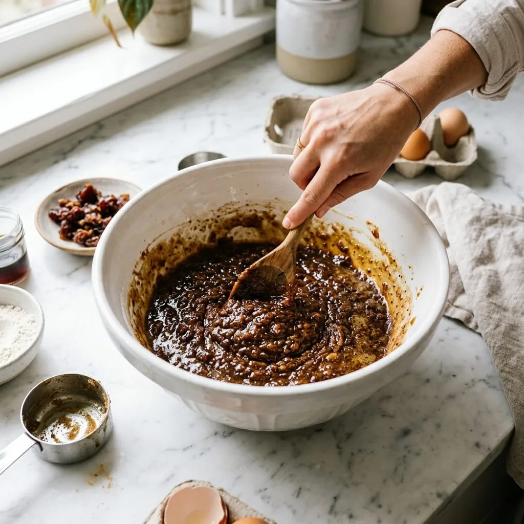 Mixing Medjool date puree, browned butter, and dark brown sugar in ceramic bowl