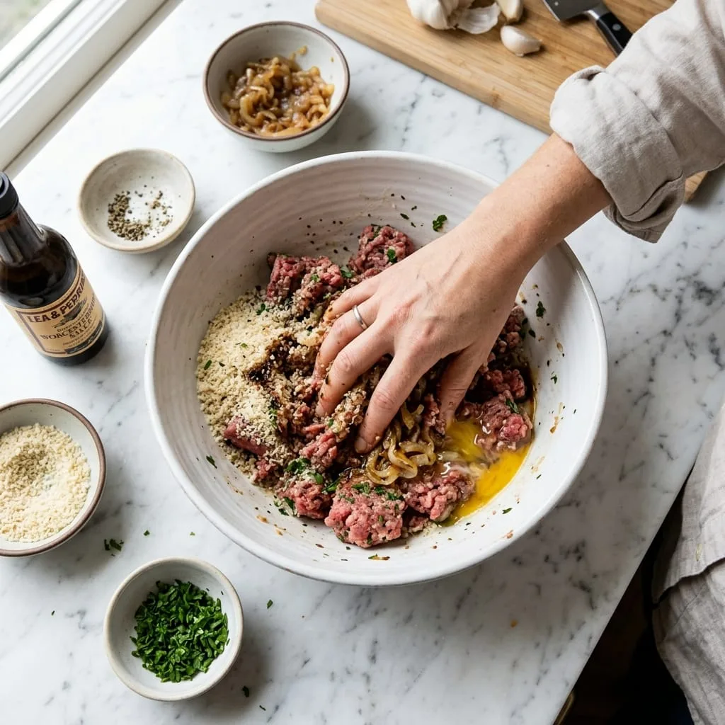 Mixing ground beef, breadcrumbs, egg, and caramelized onions in ceramic bowl