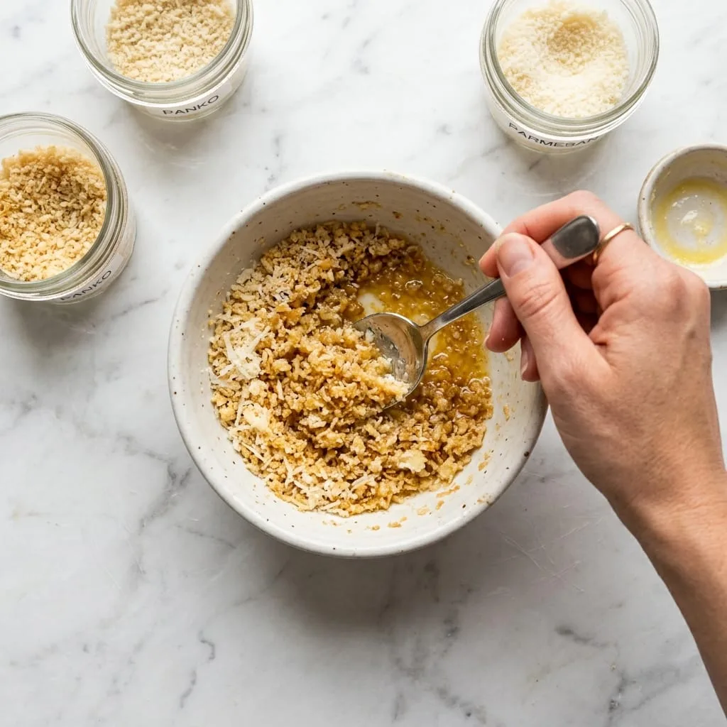 Mixing panko breadcrumbs, parmesan cheese, and melted butter in bowl