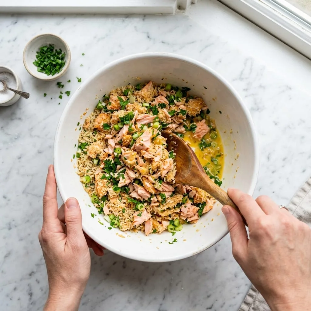 Mixing salmon croquette ingredients with panko and herbs