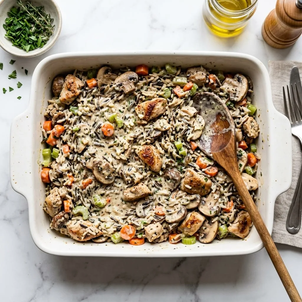 Mixing wild rice, chicken, mushrooms, and creamy sauce in baking dish