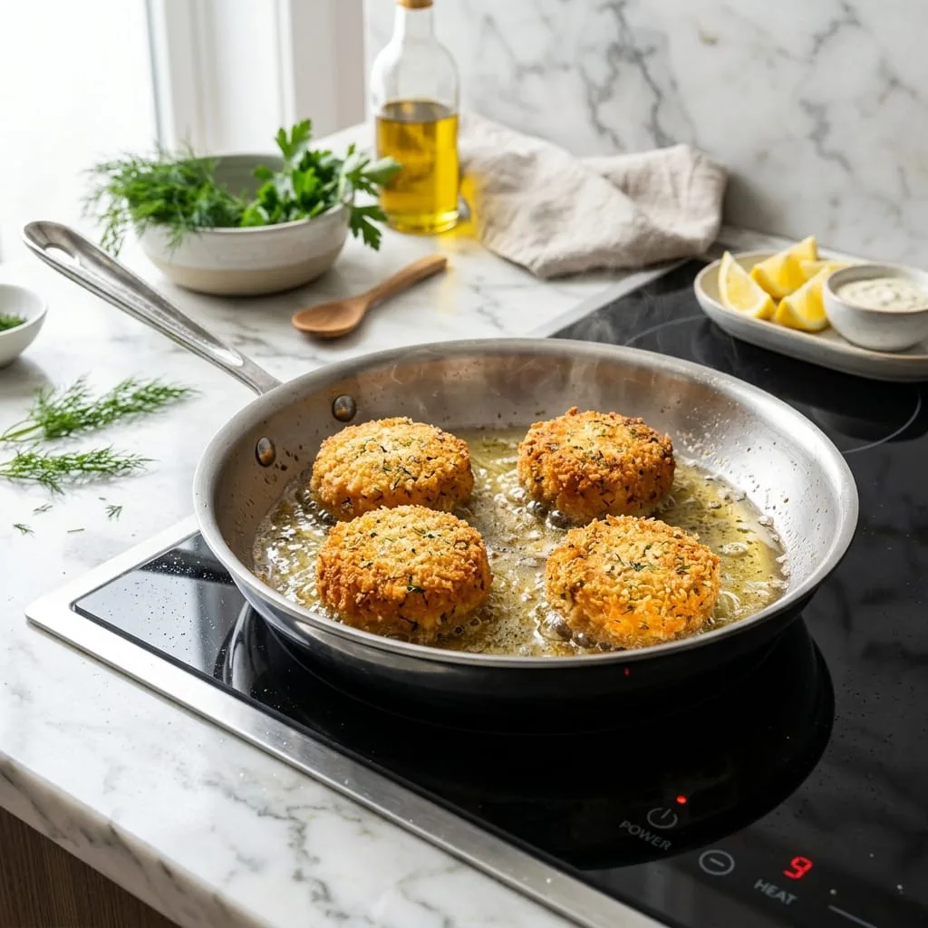 Pan-frying golden crispy salmon croquettes in cast iron skillet