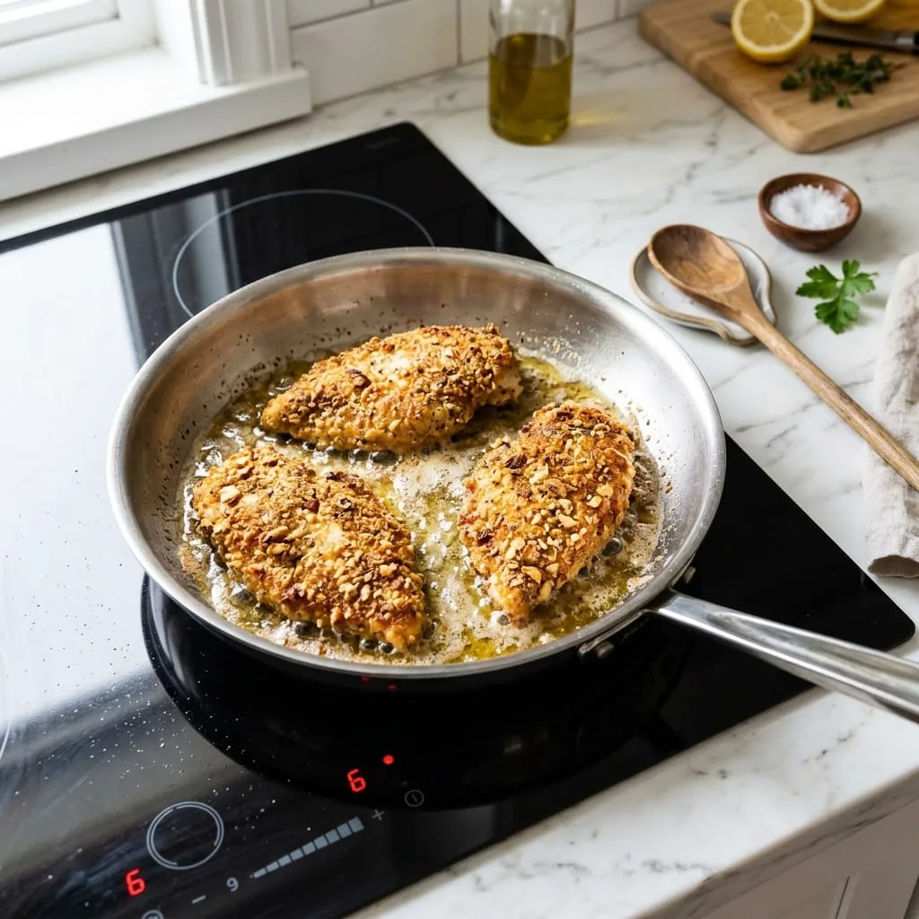 Pan-frying keto breaded chicken cutlets to golden brown in skillet