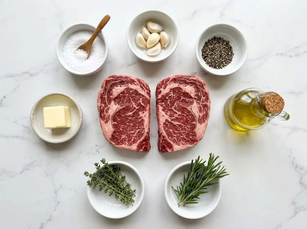 Pan Seared Ribeye Steak ingredients laid out on white marble counter