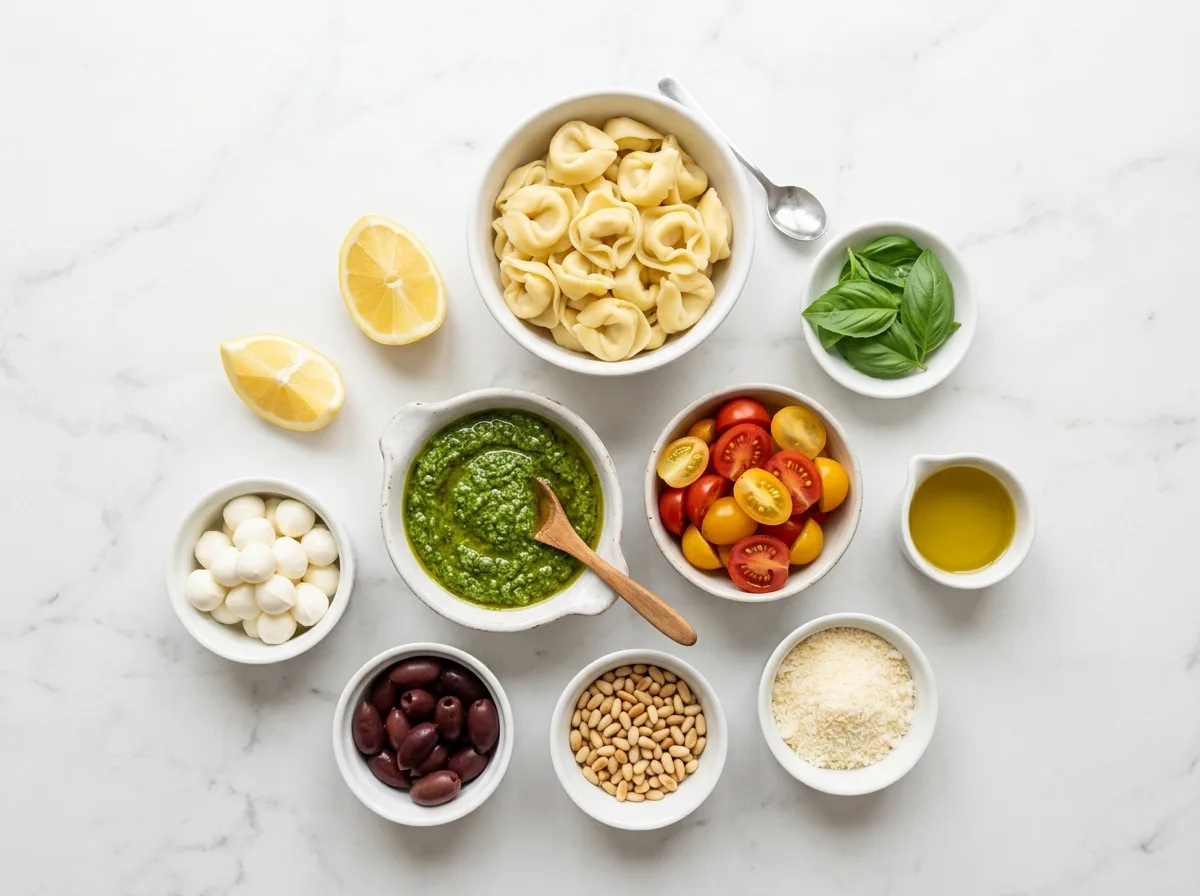 Pesto Tortellini Pasta Salad ingredients laid out on white marble counter
