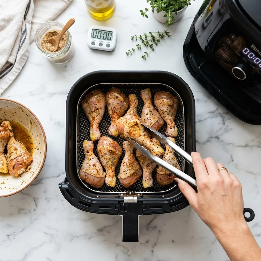 Placing seasoned chicken drumsticks in single layer in air fryer