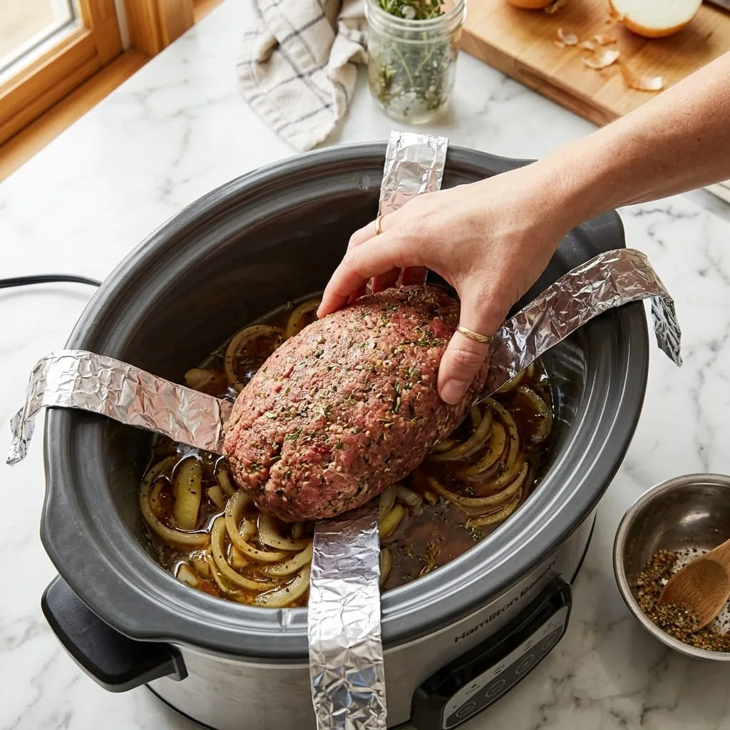 Placing shaped oval meatloaf into foil-lined slow cooker over sliced onions