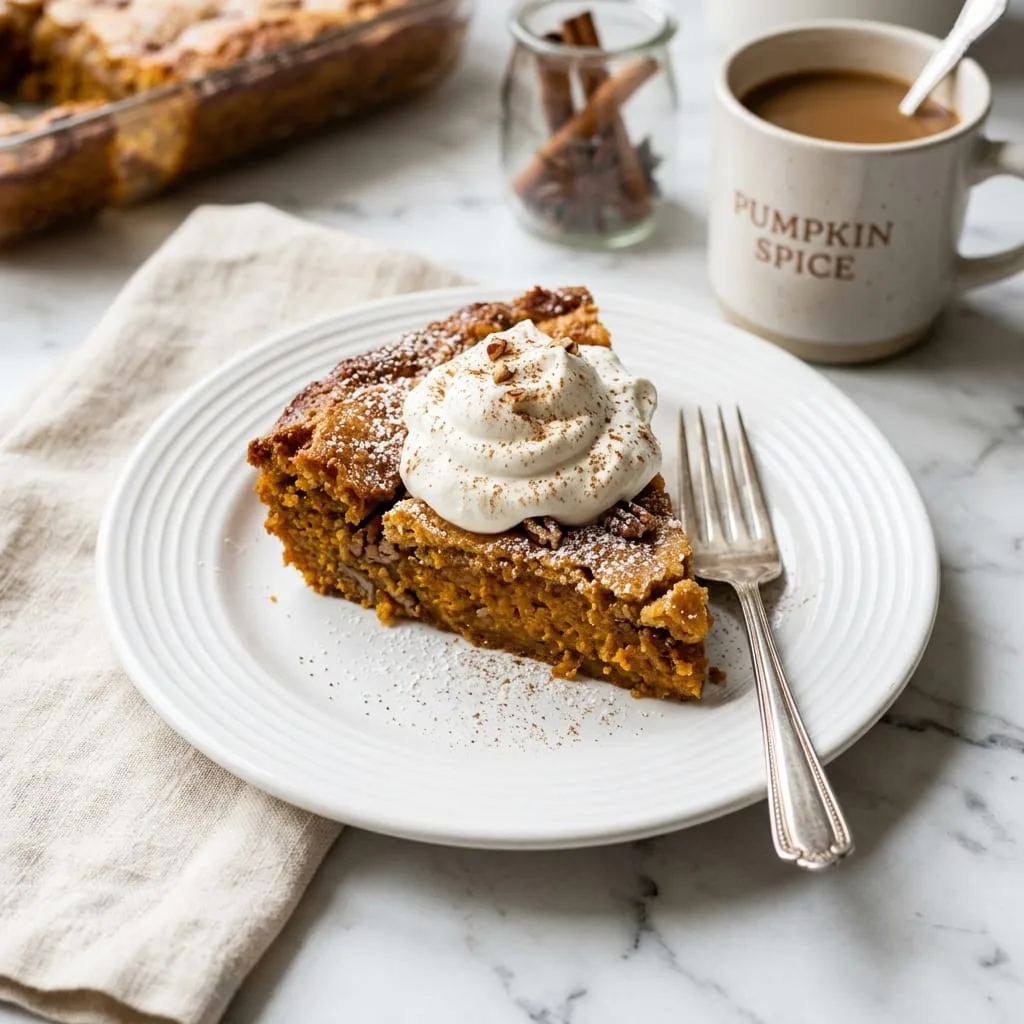Slice of warm pumpkin spice dump cake served on plate with whipped cream