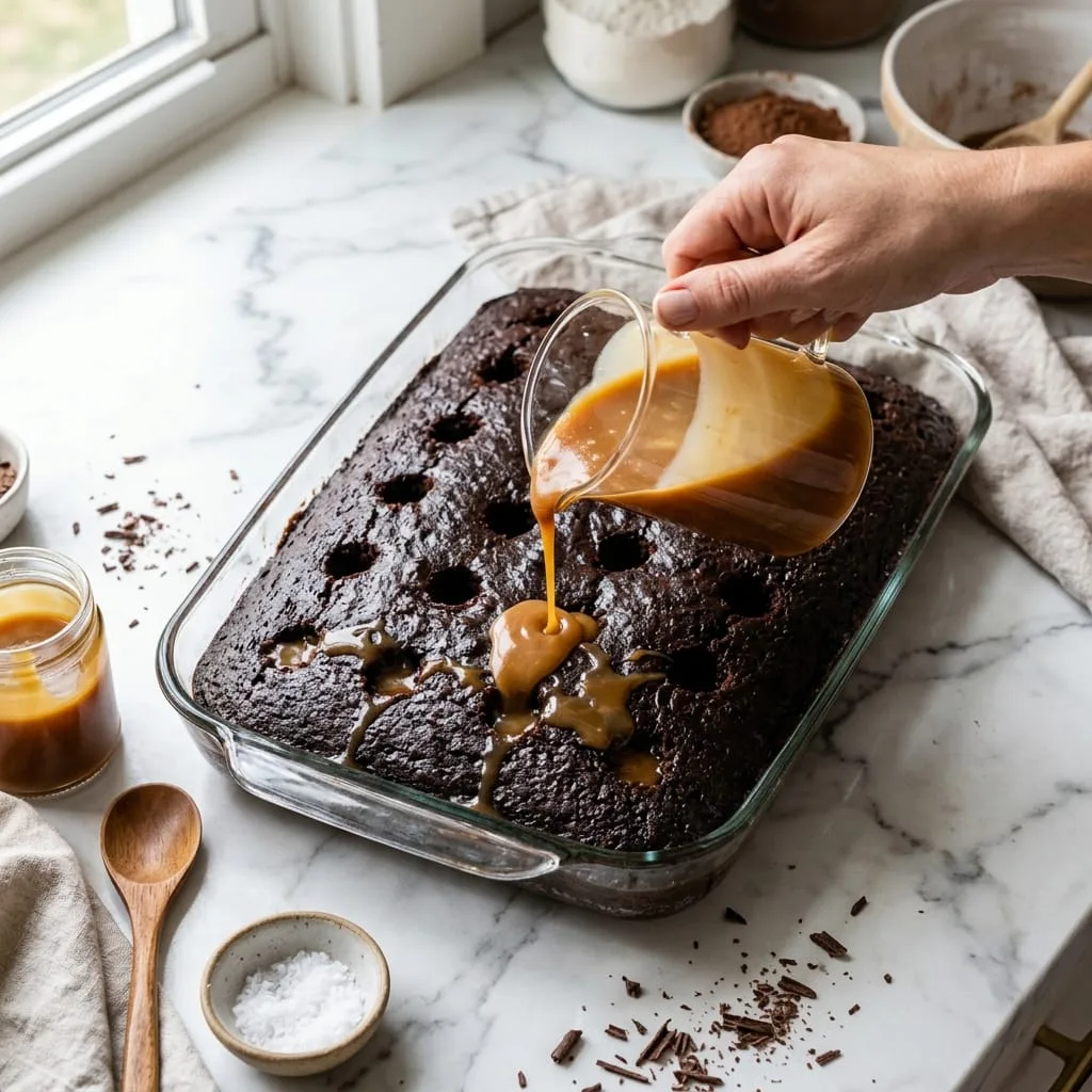 Pouring warm caramel sauce and sweetened condensed milk over chocolate poke cake