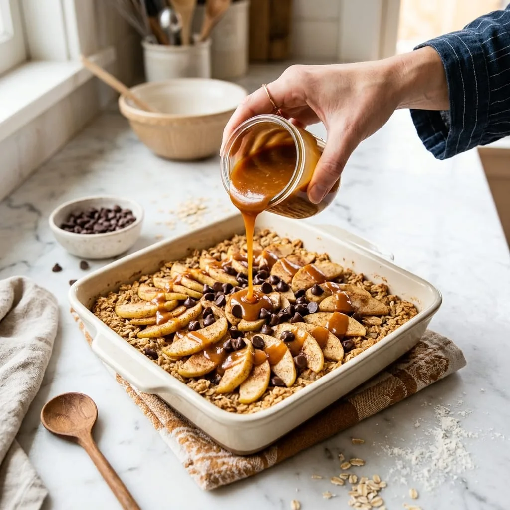 Pouring warm golden caramel sauce over chocolate chips and spiced apple slices