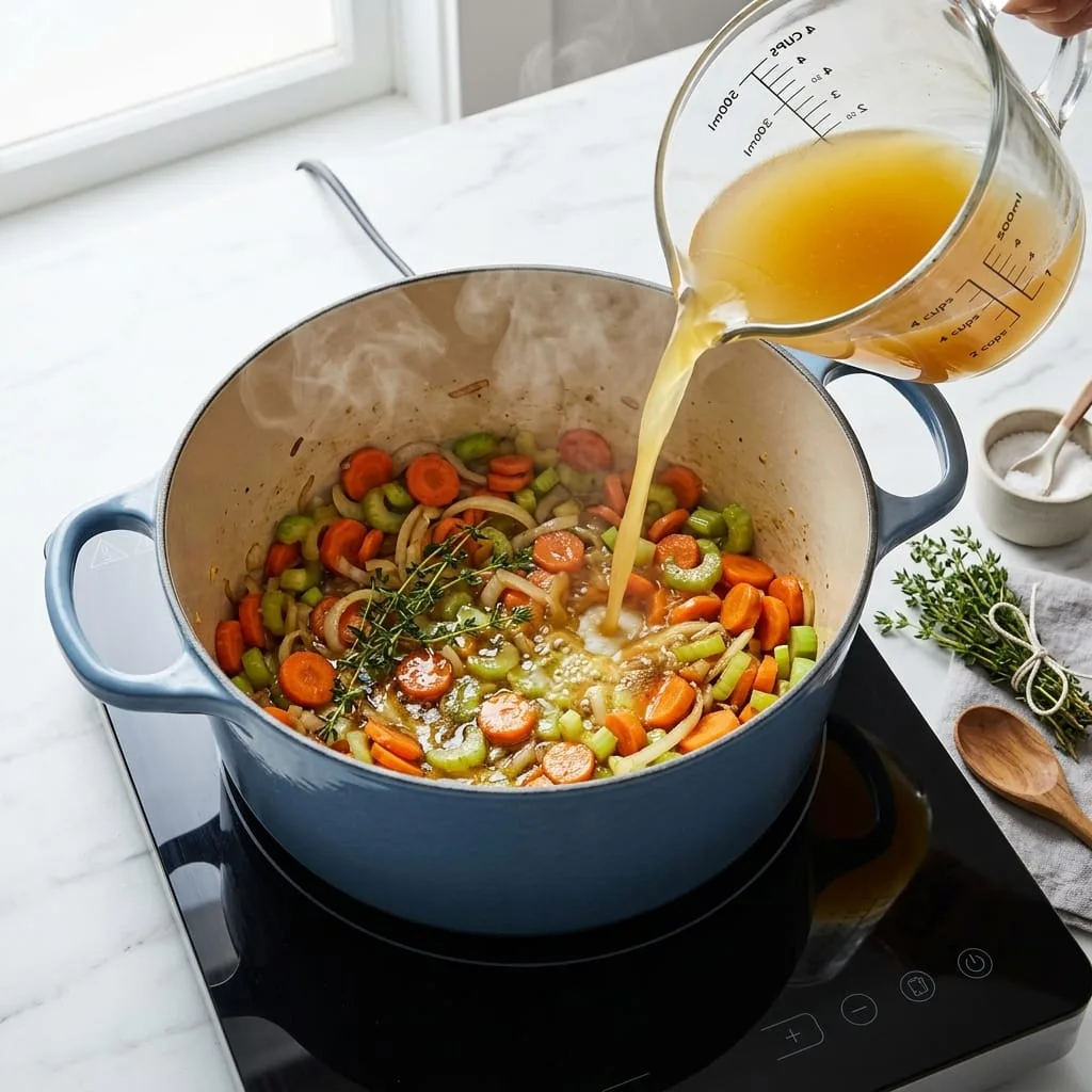 Pouring rich chicken broth into Dutch oven with sautéed carrots and celery