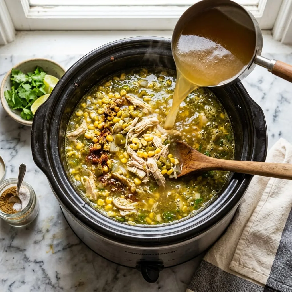 Pouring chicken broth into slow cooker soup
