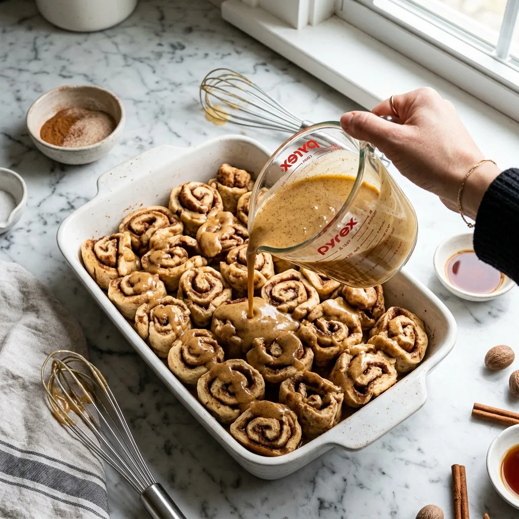 Pouring spiced egg custard over cut cinnamon rolls in casserole dish